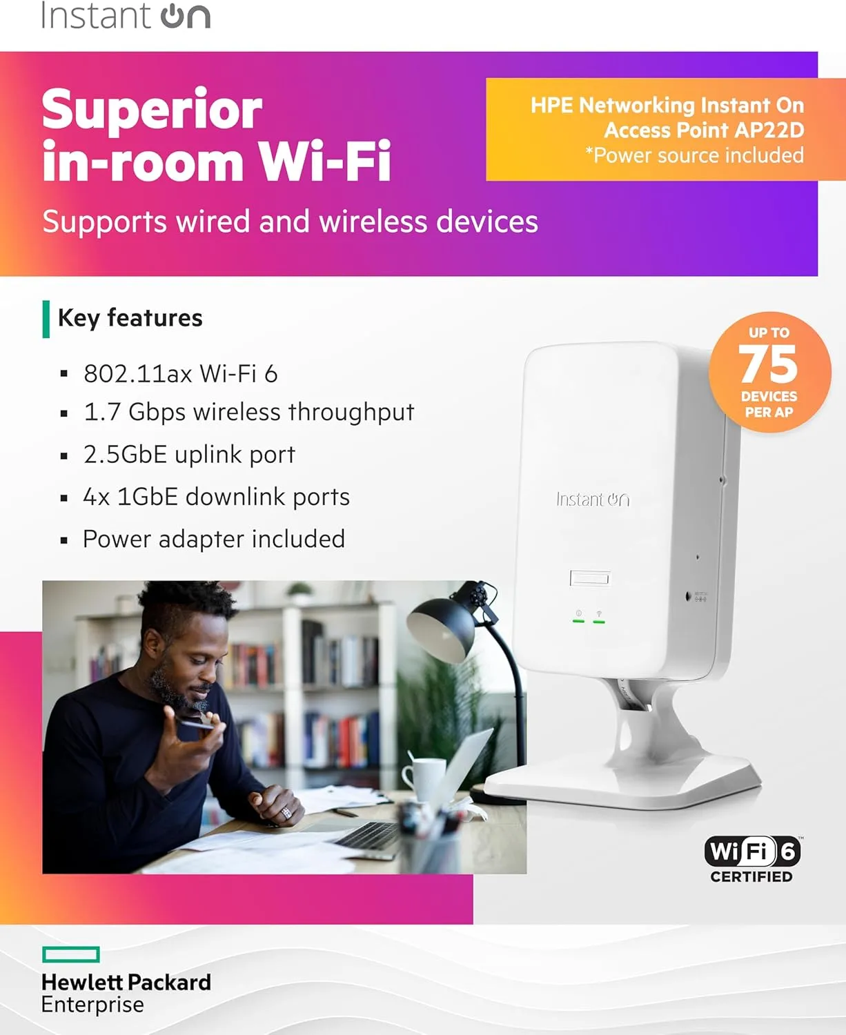 HPE Instant On AP22D 2x2 Wi‑Fi 6 Indoor Access Point w/ Power Adapter (S0J32A)