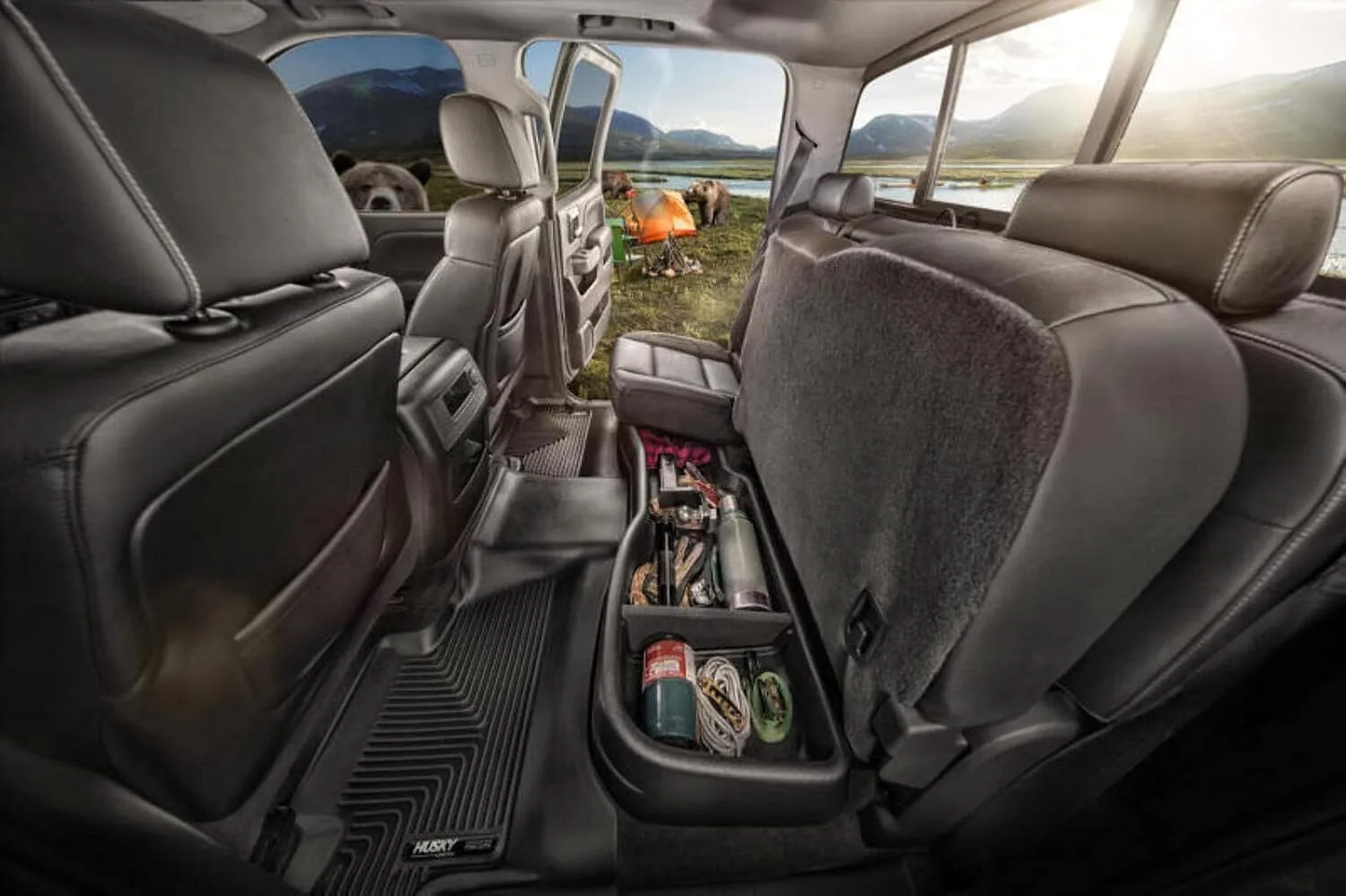HUSKY LINERS Under-Seat Storage Box & WeatherBeater Floor Liners Fits 2014-2019 Silverado/Sierra Crew Cab