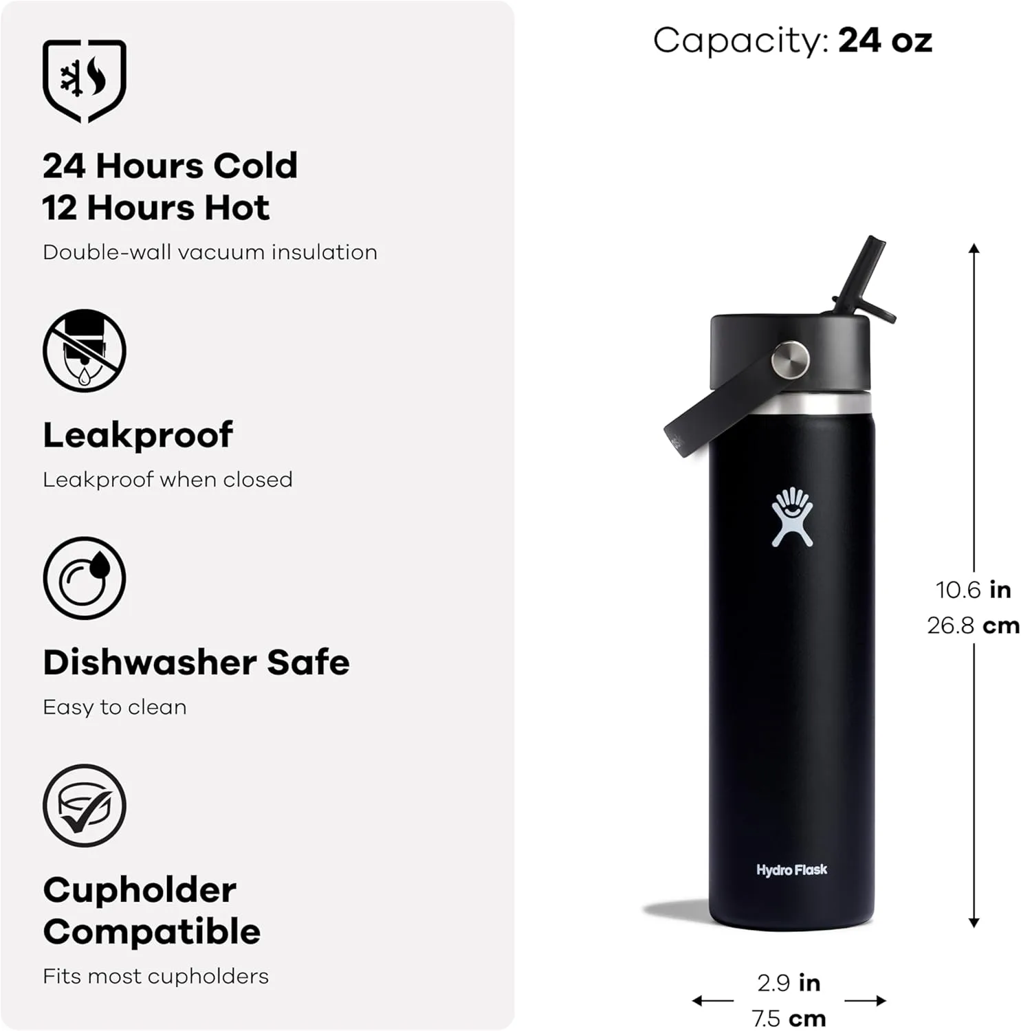HYDRO FLASK Wide Mouth Flex Straw Cap Bottle - Insulated Stainless Steel