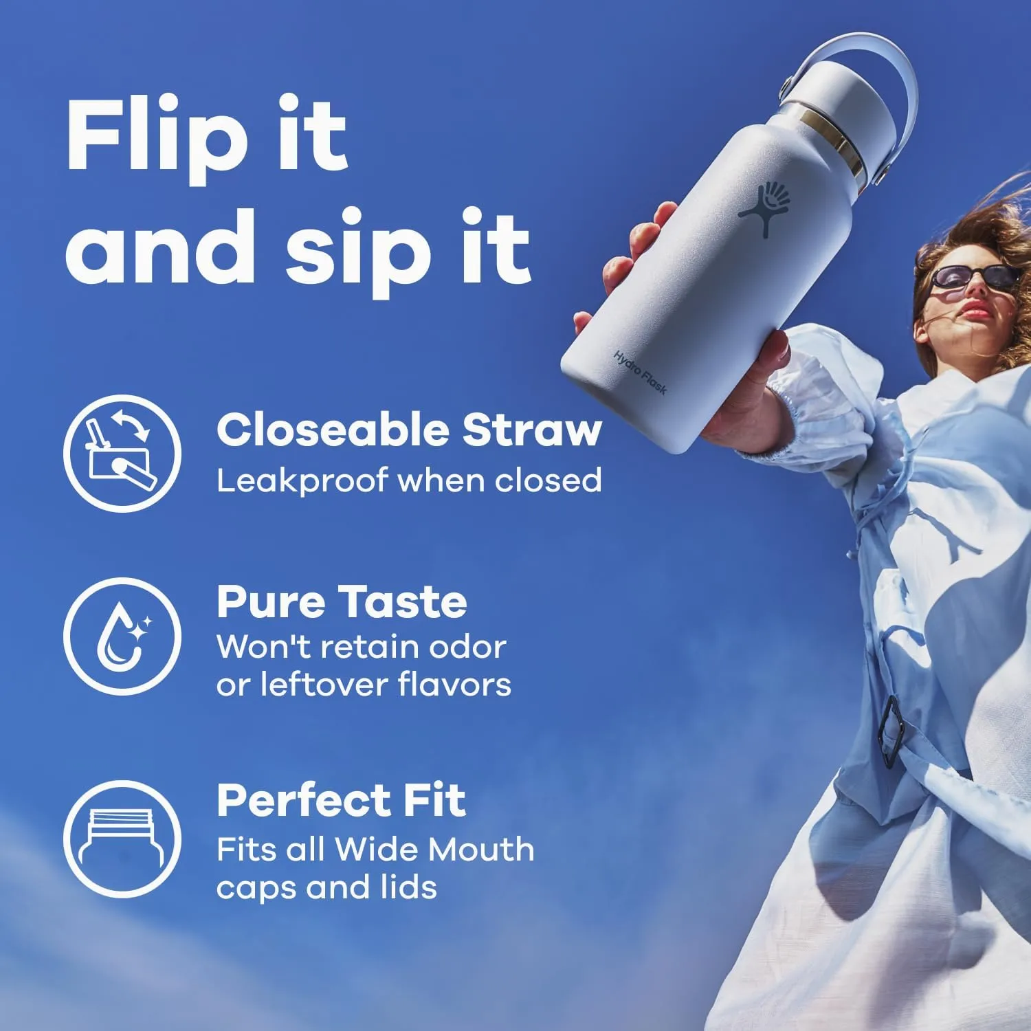 HYDRO FLASK Wide Mouth Flex Straw Cap Bottle - Insulated Stainless Steel