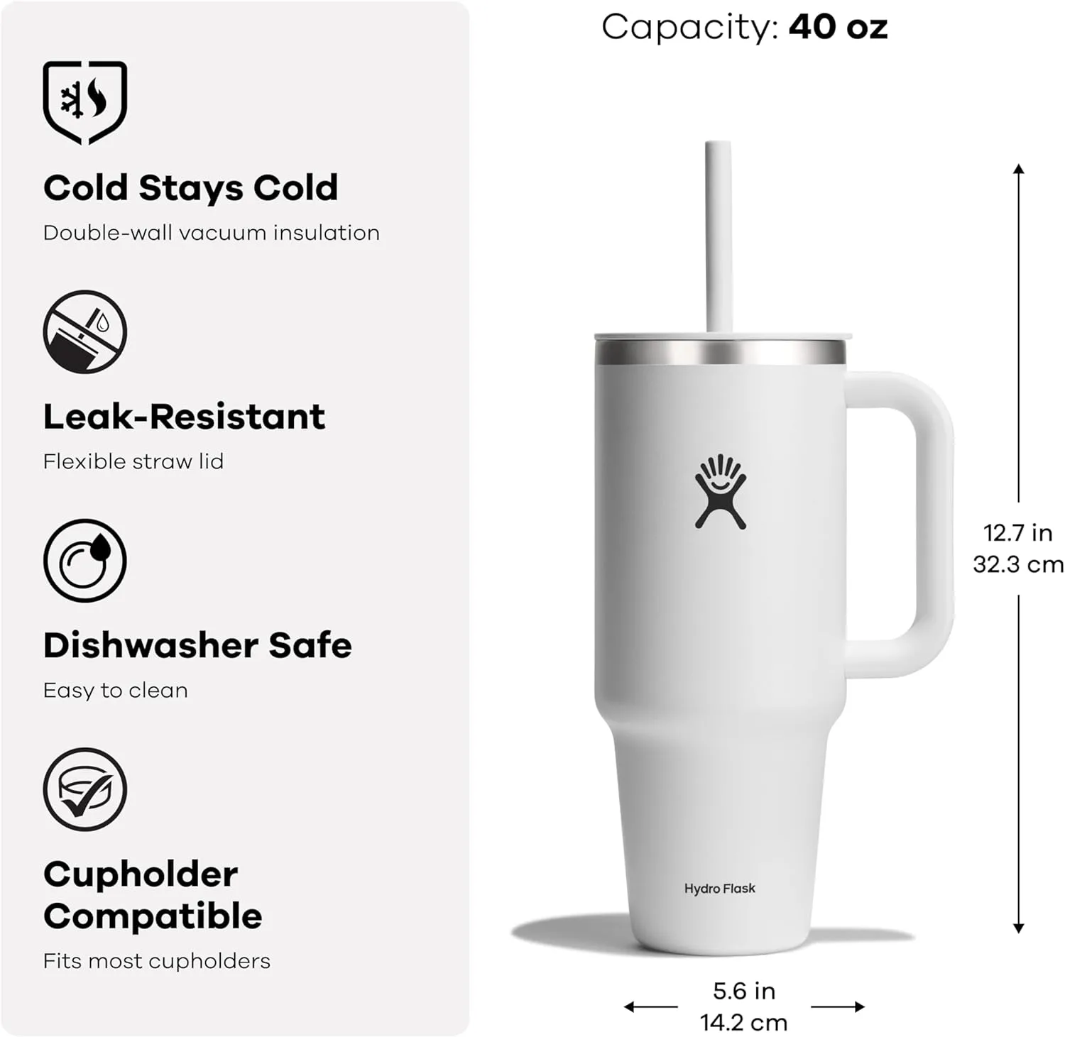 Hydro Flask Travel Tumbler with Handle, Lid and Straw - Insulated Stainless Steel