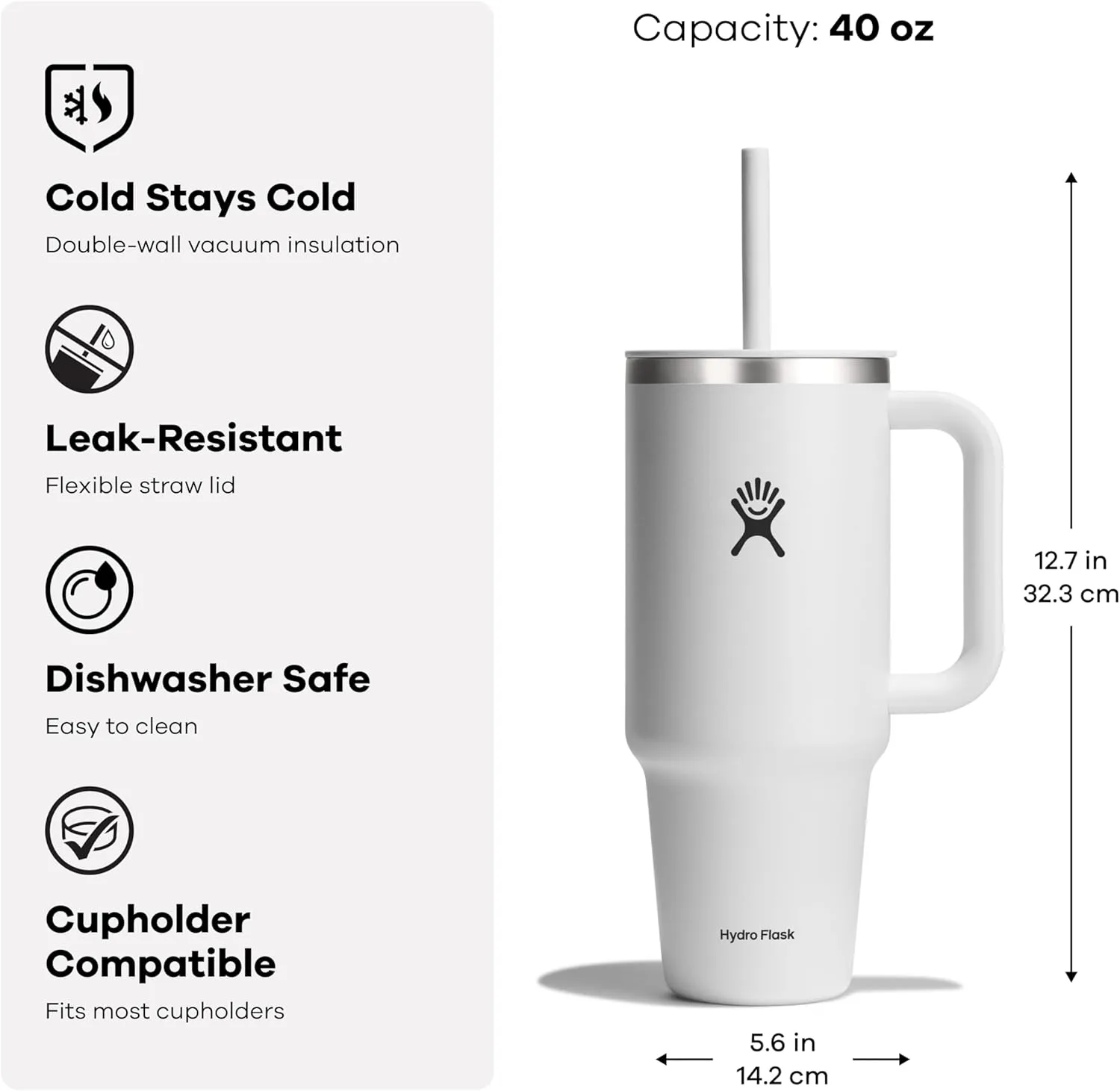 Hydro Flask Travel Tumbler with Handle, Lid and Straw - Insulated Stainless Steel