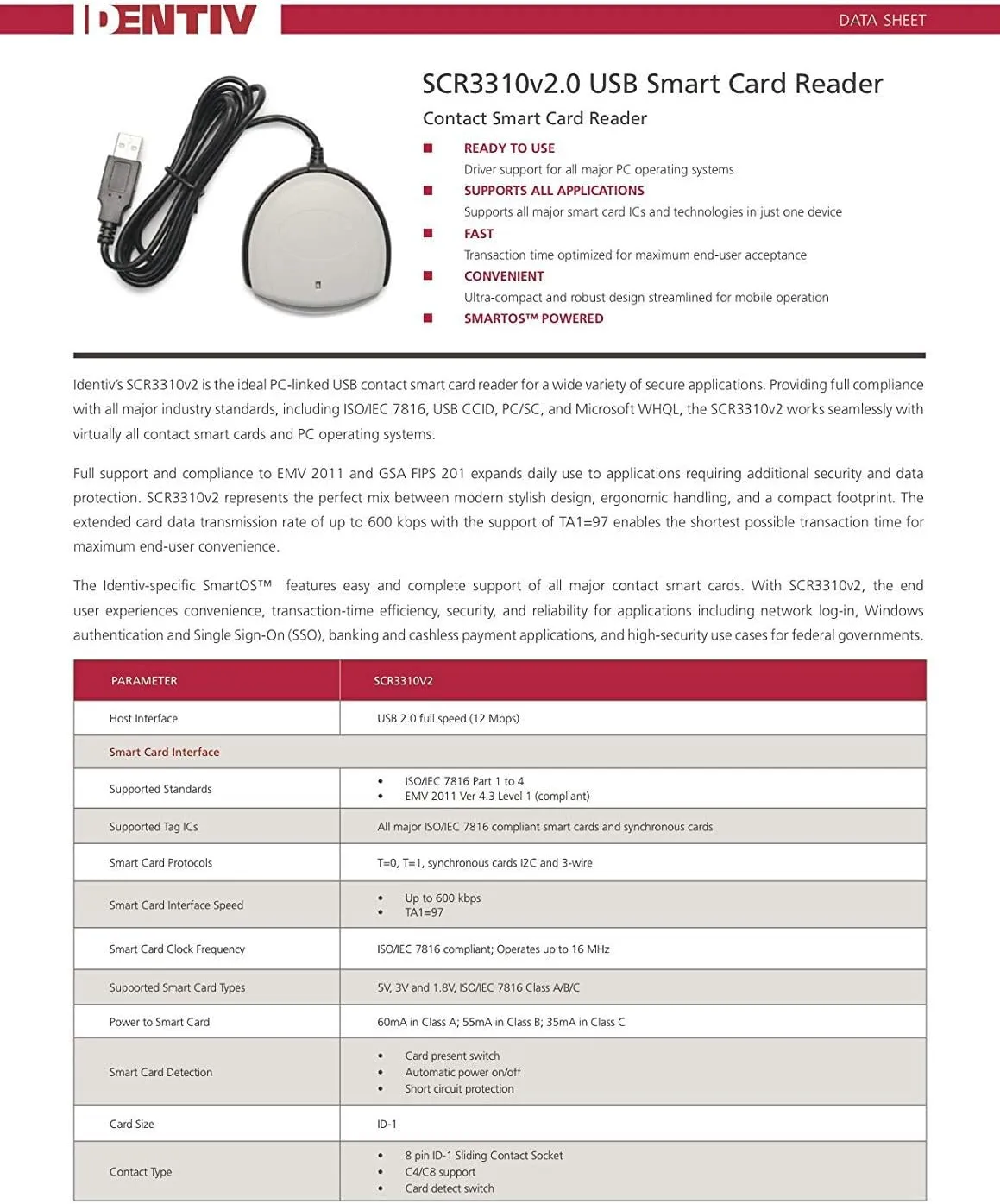 Identiv SCR3310v2.0 USB Smart Card Reader USB A