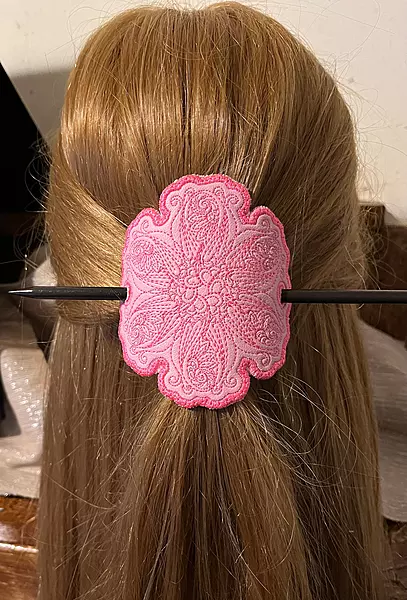 Pink Flower Mandala Hair Barrette, Embroidered Stick Barrette