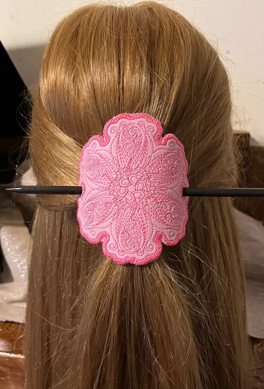 Pink Flower Mandala Hair Barrette, Embroidered Stick Barrette