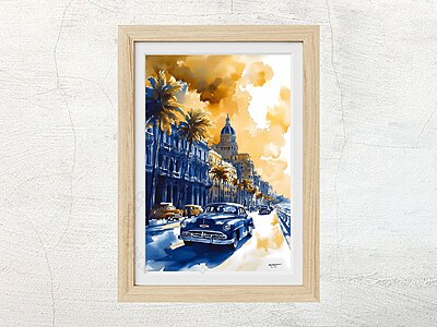 Havana Cuba Watercolor Print: Vintage Cars, Malecon Seawall (Digital Download) Havana Cuba Watercolor Print: Vintage Cars, Malecon Seawall (Digital Download)