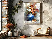 Fall Floral Still Life Print: Blue China Vase, Autumn Flowers (Digital Download)