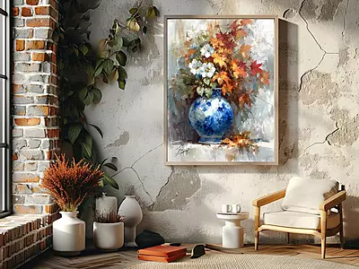 Fall Floral Still Life Print: Blue China Vase, Autumn Flowers (Digital Download) Fall Floral Still Life Print: Blue China Vase, Autumn Flowers (Digital Download)