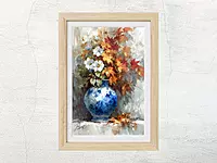 Fall Floral Still Life Print: Blue China Vase, Autumn Flowers (Digital Download)