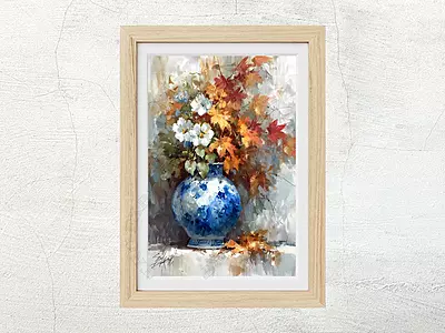 Fall Floral Still Life Print: Blue China Vase, Autumn Flowers (Digital Download) Fall Floral Still Life Print: Blue China Vase, Autumn Flowers (Digital Download)