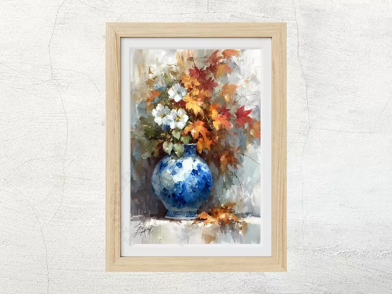 Fall Floral Still Life Print: Blue China Vase, Autumn Flowers (Digital Download)