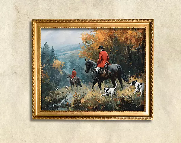 Fox Hunt Equestrian Wall Art | Dog and Rider Art, British Autumn Countryside, Horse & Hounds Art Print