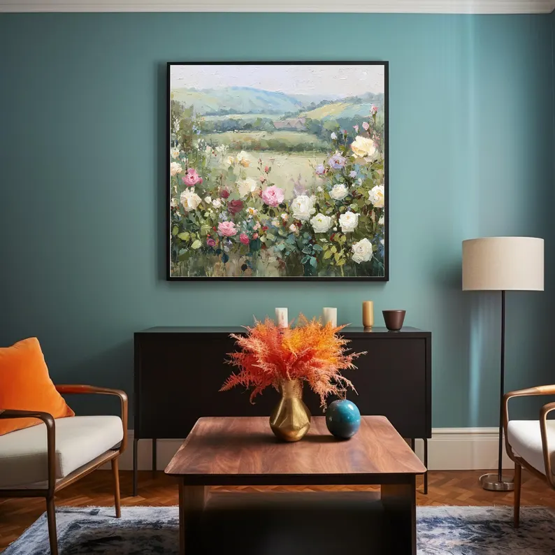 Pastel Rose Landscape Art Print: Impressionist Countryside  | UNFRAMED Canvas OR Archival Fine Art Paper