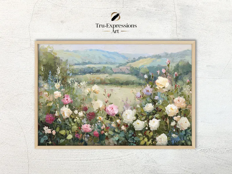 Pastel Rose Landscape Art Print: Impressionist Countryside  | UNFRAMED Canvas OR Archival Fine Art Paper