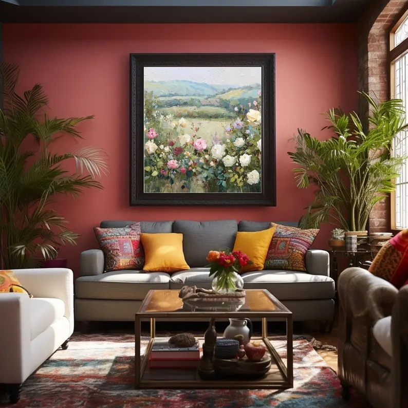 Pastel Rose Landscape Art Print: Impressionist Countryside  | UNFRAMED Canvas OR Archival Fine Art Paper