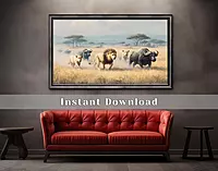 Impasto Lions Hunt Print: African Safari Wildlife Art (Digital Download)