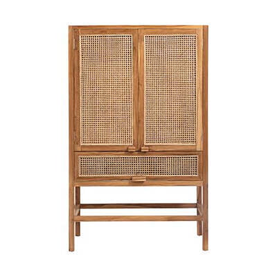Rattan Cane & Teak Wood Bar Cabinet / Wardrobe with Drawer