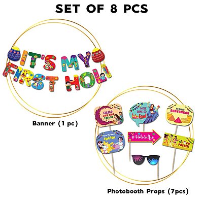 Amazkart Holi Decoration Combo (Set Of 8 Pcs)-1 Pc It's My First Banner, 7 Photobooth Props