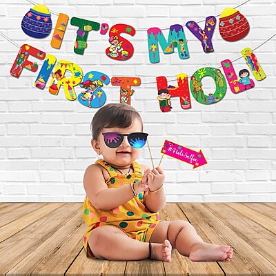 Amazkart Holi Decoration Combo (Set Of 8 Pcs)-1 Pc It's My First Banner, 7 Photobooth Props