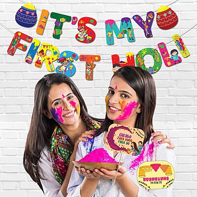 Amazkart Holi Decoration Combo (Set Of 8 Pcs)-1 Pc It's My First Banner, 7 Photobooth Props