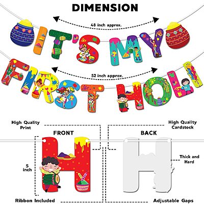Amazkart Holi Decoration Combo (Set Of 8 Pcs)-1 Pc It's My First Banner, 7 Photobooth Props