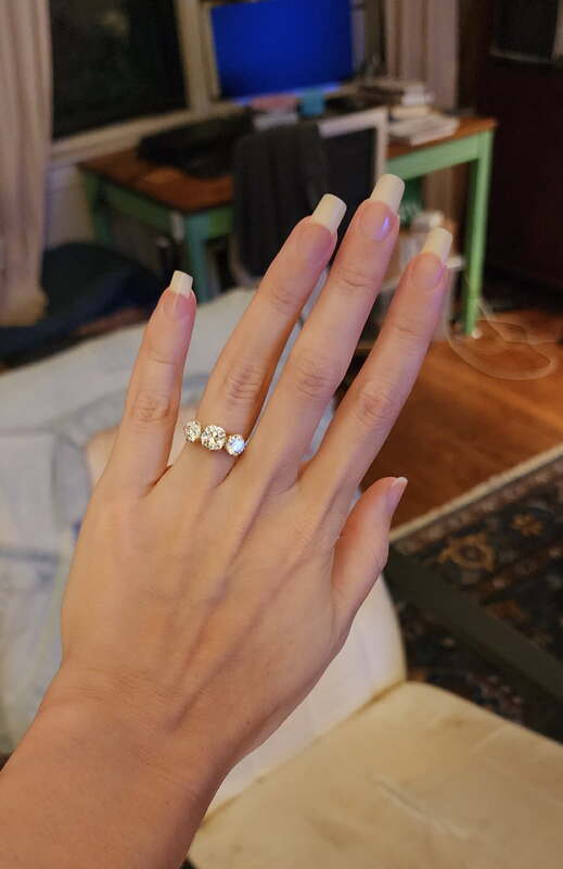 3 stone old mine cut lab diamond six prong ring