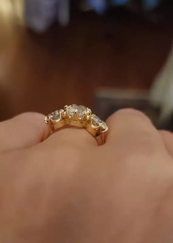 3 stone old mine cut lab diamond six prong ring