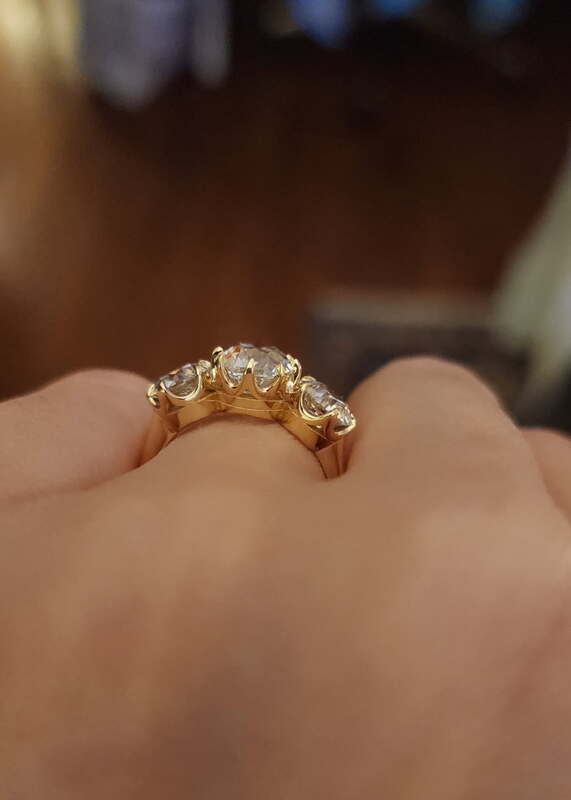 3 stone old mine cut lab diamond six prong ring