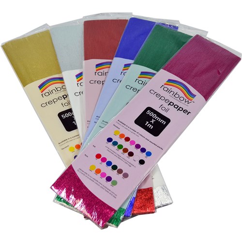 Rainbow Foil Crepe 500mm x 2.5m Assorted Pack  Of 6