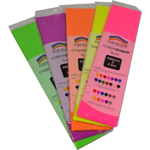 Rainbow Fluro Crepe Paper 500mm x 2.5m Assorted Pack  Of 5
