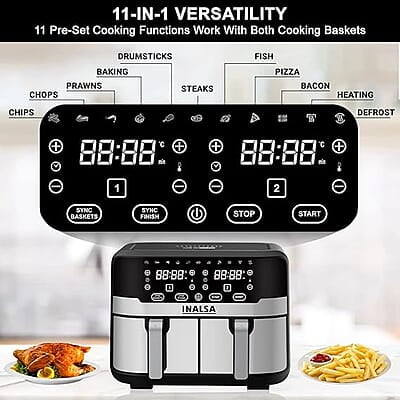 INALSA Air Fryer Nutri Fry Dual Zone-2100 W 10L with Sync Basket & Finish Features 11 Versatile Programs Touch Control & Digital Display Variable Temperature Control INALSA Air Fryer Nutri Fry Dual Zone-2100 W 10L with Sync Basket & Finish Features 11 Versatile Programs Touch Control & Digital Display Variable Temperature Control