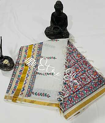 Kerala Handloom Cotton  Dupatta with Gold Jari and Hand Painted Madhubani art (Dupatta partially painted)