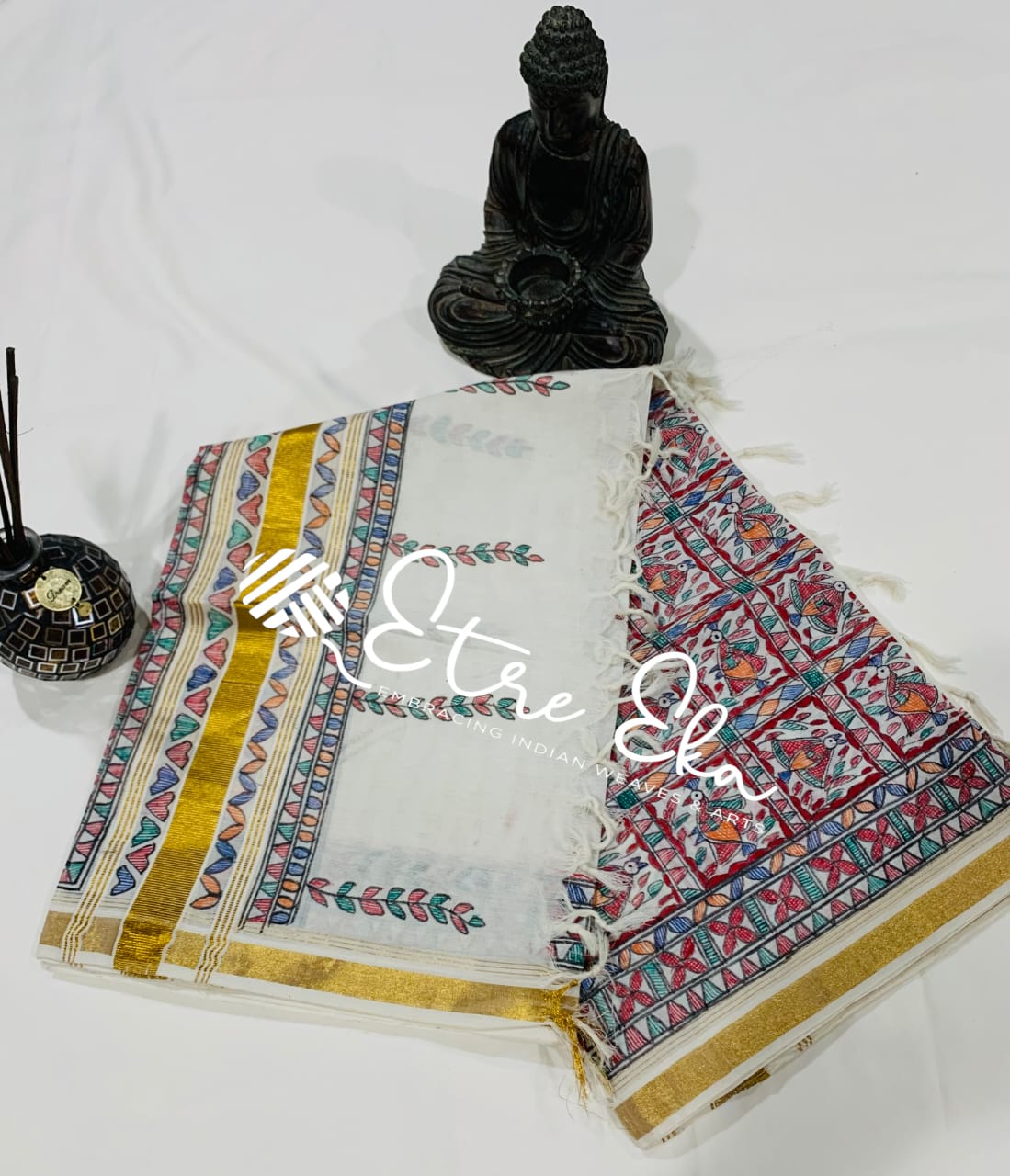 Kerala Handloom Cotton  Dupatta with Gold Jari and Hand Painted Madhubani art (Dupatta partially painted)