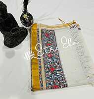 Kerala Handloom Cotton  Dupatta with Gold Jari and Hand Painted Madhubani art (Dupatta partially painted)