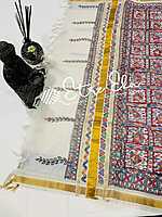 Kerala Handloom Cotton  Dupatta with Gold Jari and Hand Painted Madhubani art (Dupatta partially painted)
