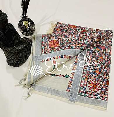 Kerala Handloom Cotton  Dupatta with Silver Jari and all over hand painted Madhubani art