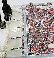 Kerala Handloom Cotton  Dupatta with Silver Jari and all over hand painted Madhubani art