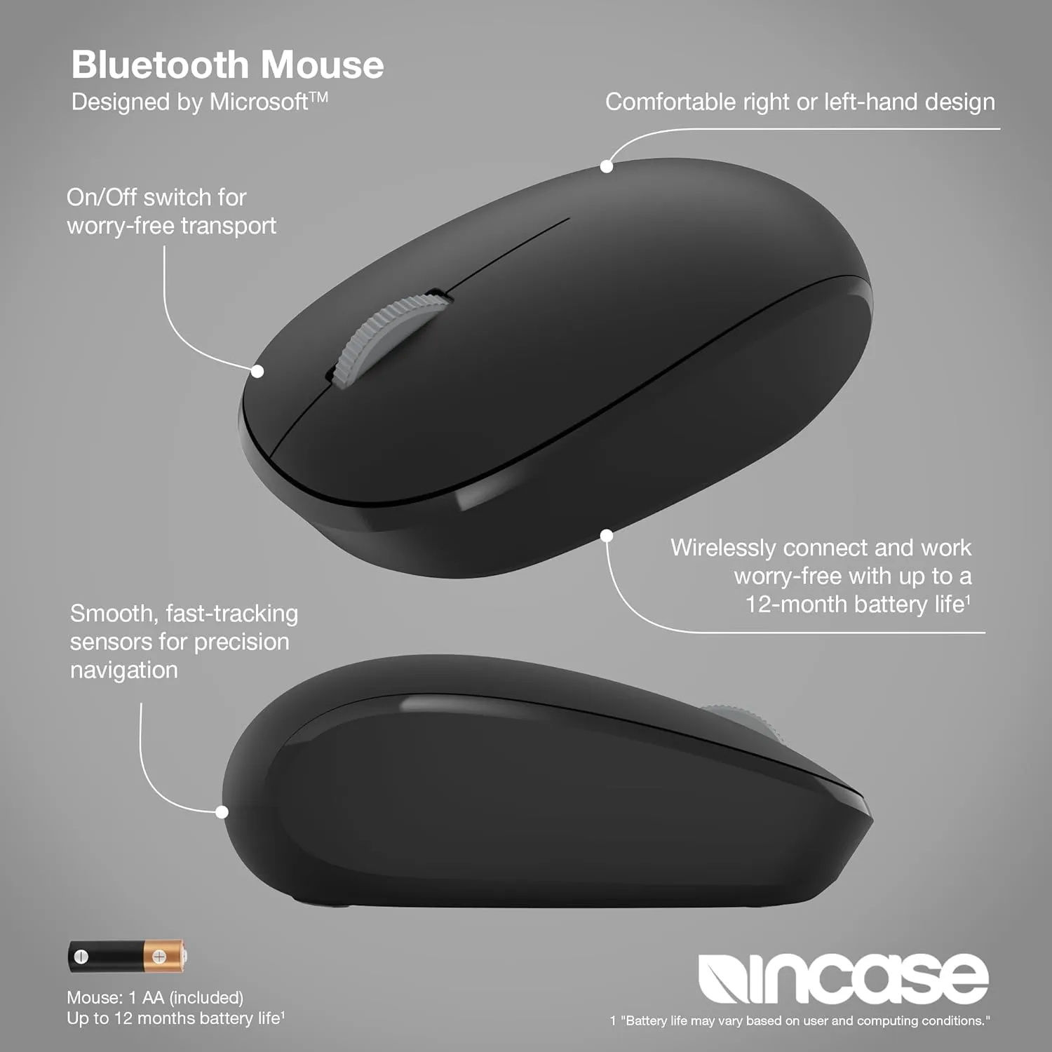INCASE Bluetooth Mouse - Designed by Microsoft - Compact Ambidextrous Wireless Mouse with 4-Way Scroll
