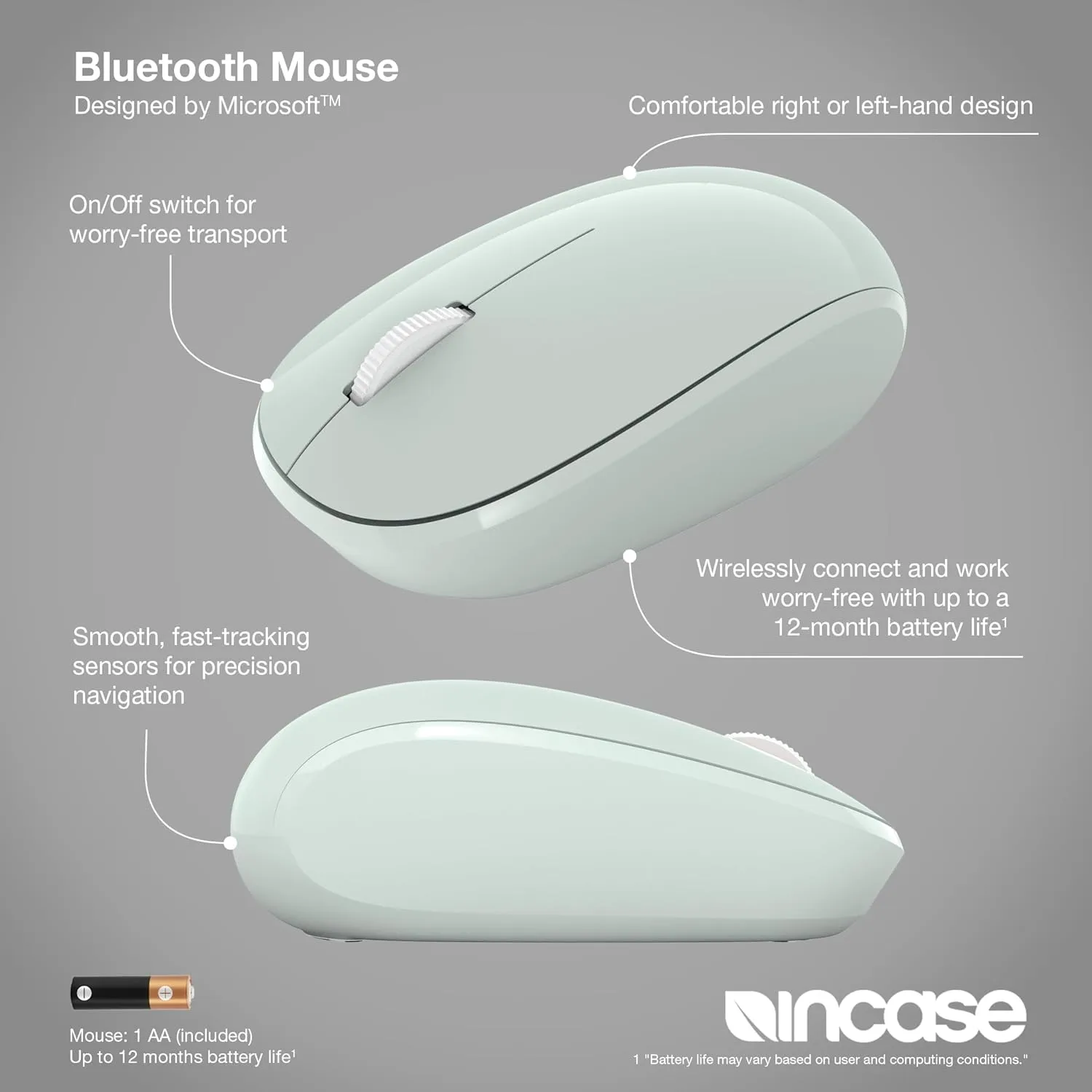 INCASE Bluetooth Mouse - Designed by Microsoft - Compact Ambidextrous Wireless Mouse with 4-Way Scroll