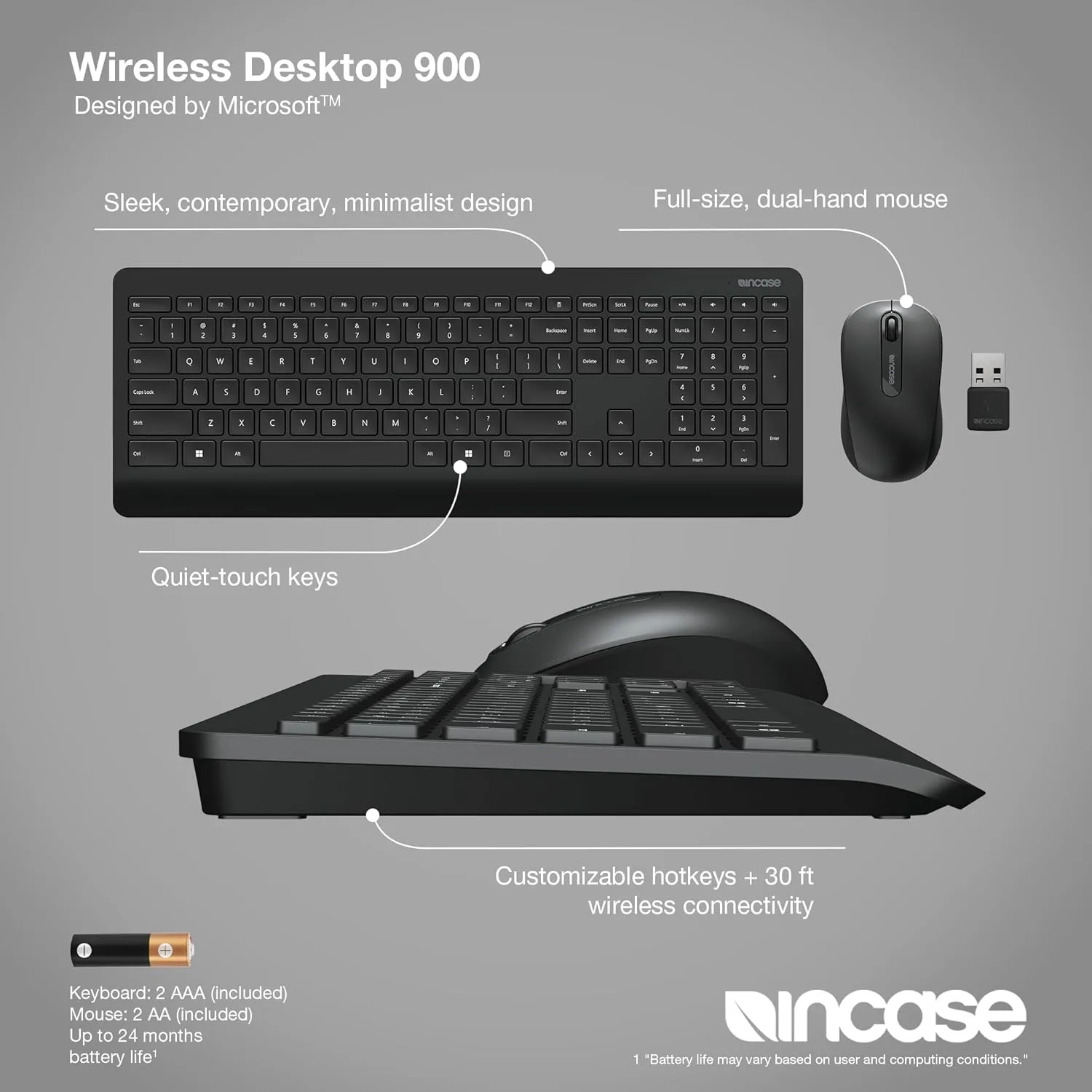 Incase Wireless Desktop 900 Keyboard and Mouse Combo - Designed by Microsoft – Quiet Touch Keys, Ambidextrous Design