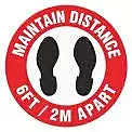 INCOM Manufacturing: Indoor Vinyl Workplace Social Distancing Anti-Slip Floor Marking Sign, 17 inch Dia., Red/White/Black, Maintain Distance 6FT /2M Apart