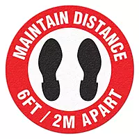 INCOM Manufacturing: Indoor Vinyl Workplace Social Distancing Anti-Slip Floor Marking Sign, 17 inch Dia., Red/White/Black, Maintain Distance 6FT /2M Apart
