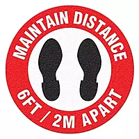 INCOM Manufacturing: Indoor Vinyl Workplace Social Distancing Anti-Slip Floor Marking Sign, 17 inch Dia., Red/White/Black, Maintain Distance 6FT /2M Apart