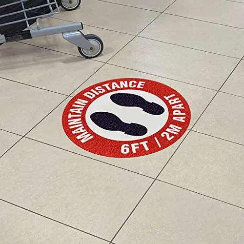 INCOM Manufacturing: Indoor Vinyl Workplace Social Distancing Anti-Slip Floor Marking Sign, 17 inch Dia., Red/White/Black, Maintain Distance 6FT /2M Apart