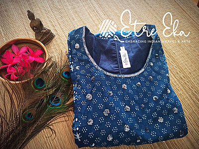 Indigo Hand Block Printed with Dotted Flower Prints with Beautiful Hand Embellishments