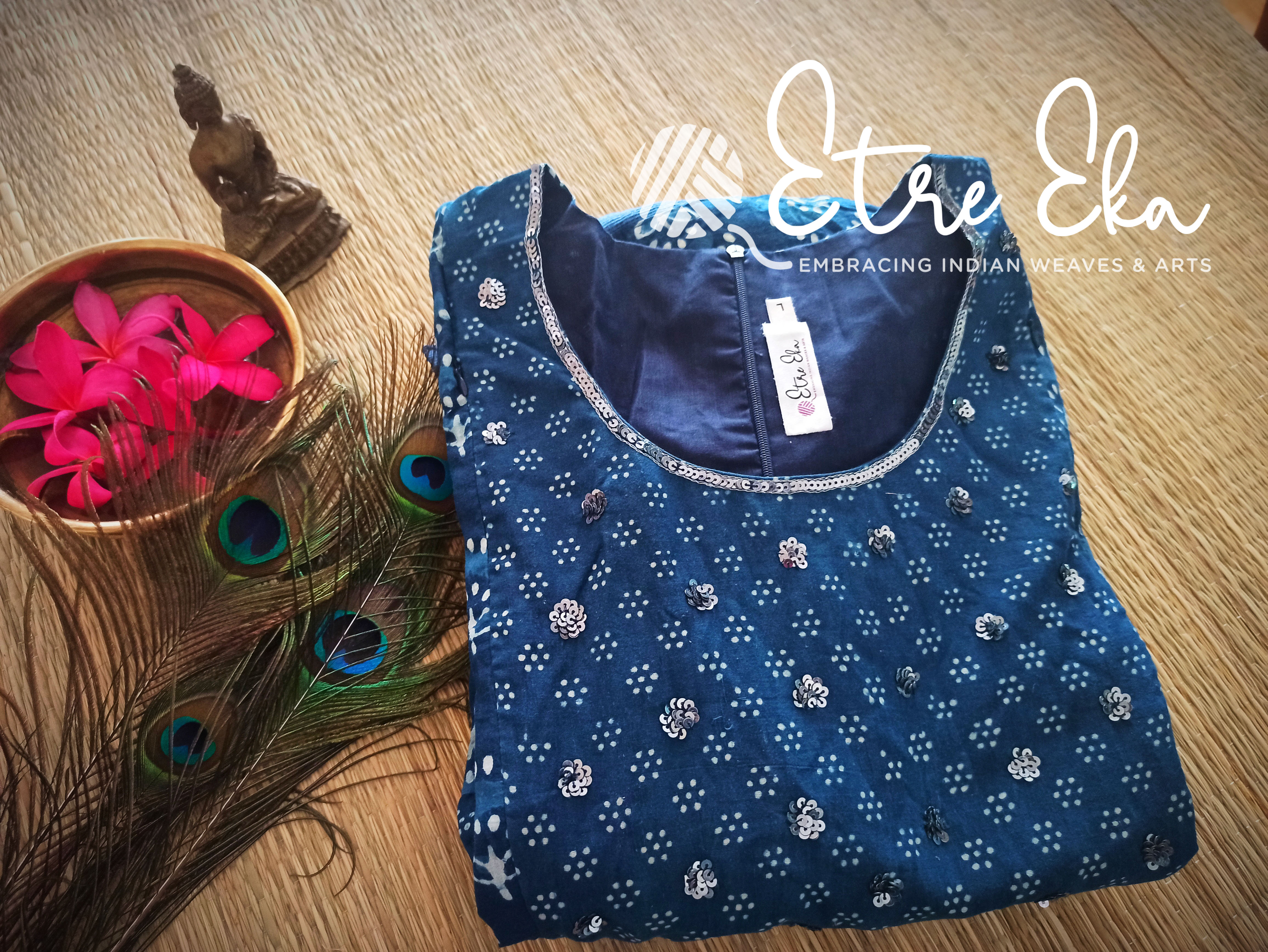 Indigo Hand Block Printed with Dotted Flower Prints with Beautiful Hand Embellishments Indigo Hand Block Printed with Dotted Flower Prints with Beautiful Hand Embellishments