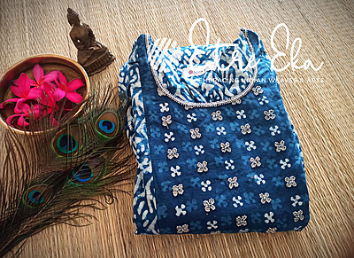 Indigo Hand Block Printed - Leaf Print with Beautiful Hand Embellishments