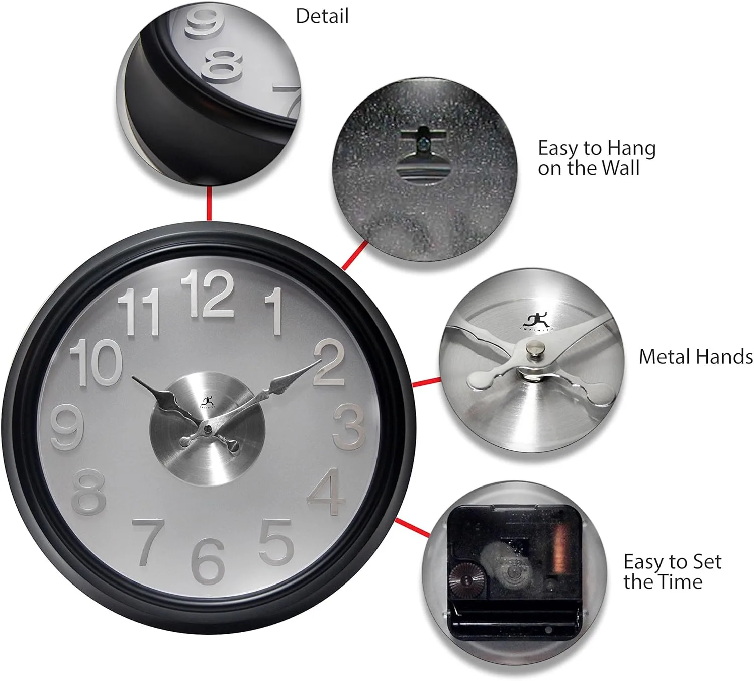 Infinity Instrument 15 Inch The Onyx Modern Contemporary Sleek Indoor Round Non-Ticking Silent Battery Operated Easy to Read