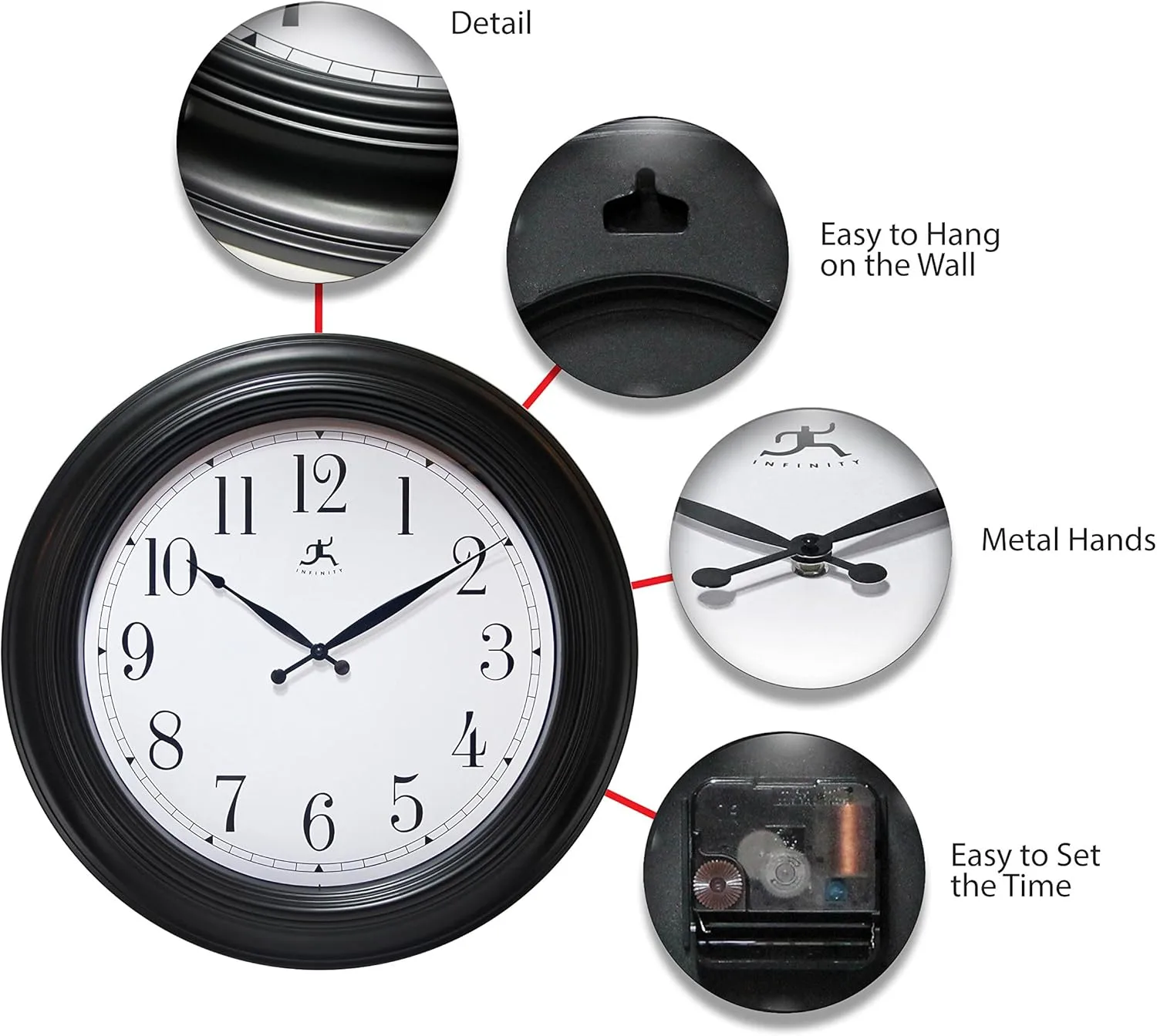 Infinity Instruments 24 inch Traditional Large Non-Ticking Silent Battery Operated Easy to Read Wall Clock for Living Room
