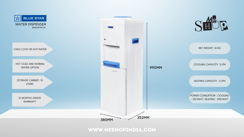 Blue Star water dispenser with hot/cold functionality and spacious lower storage locker.